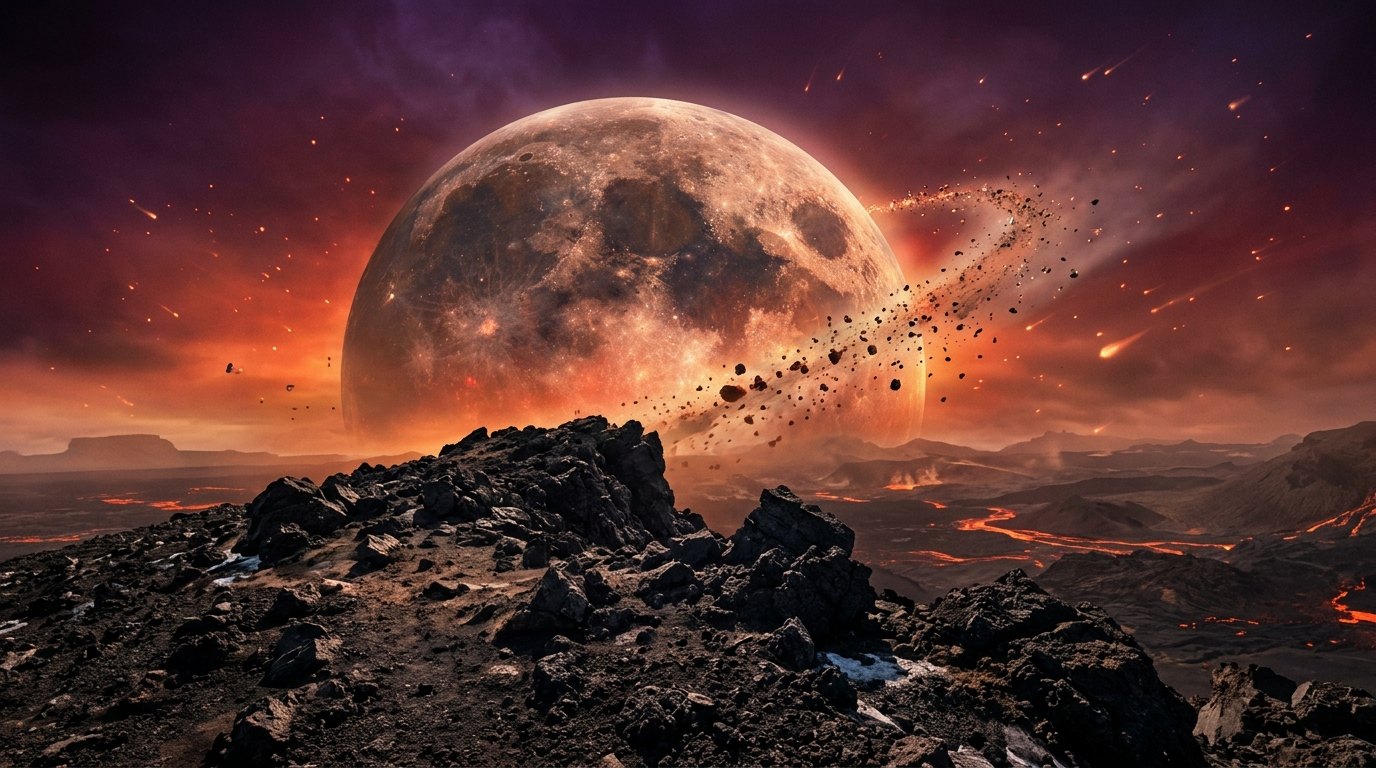 Horizonte de Theia, minutos antes del impacto, desde la Tierra, escena (recreación con IA, imagen 2)