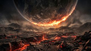Horizonte de Theia, minutos antes del impacto, desde la Tierra, escena (recreación con IA, imagen 3)