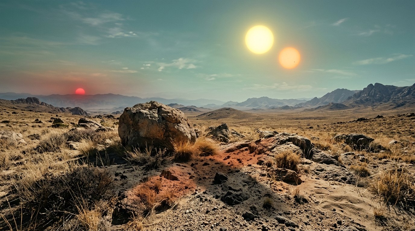 Horizonte de Tres soles y sus planetas, escena (recreación con IA, imagen 1)
