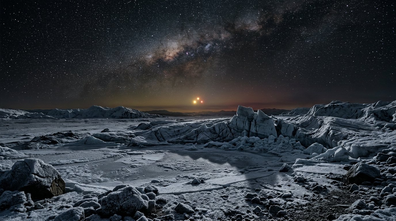 Horizonte de Tres soles y sus planetas, escena (recreación con IA, imagen 2)