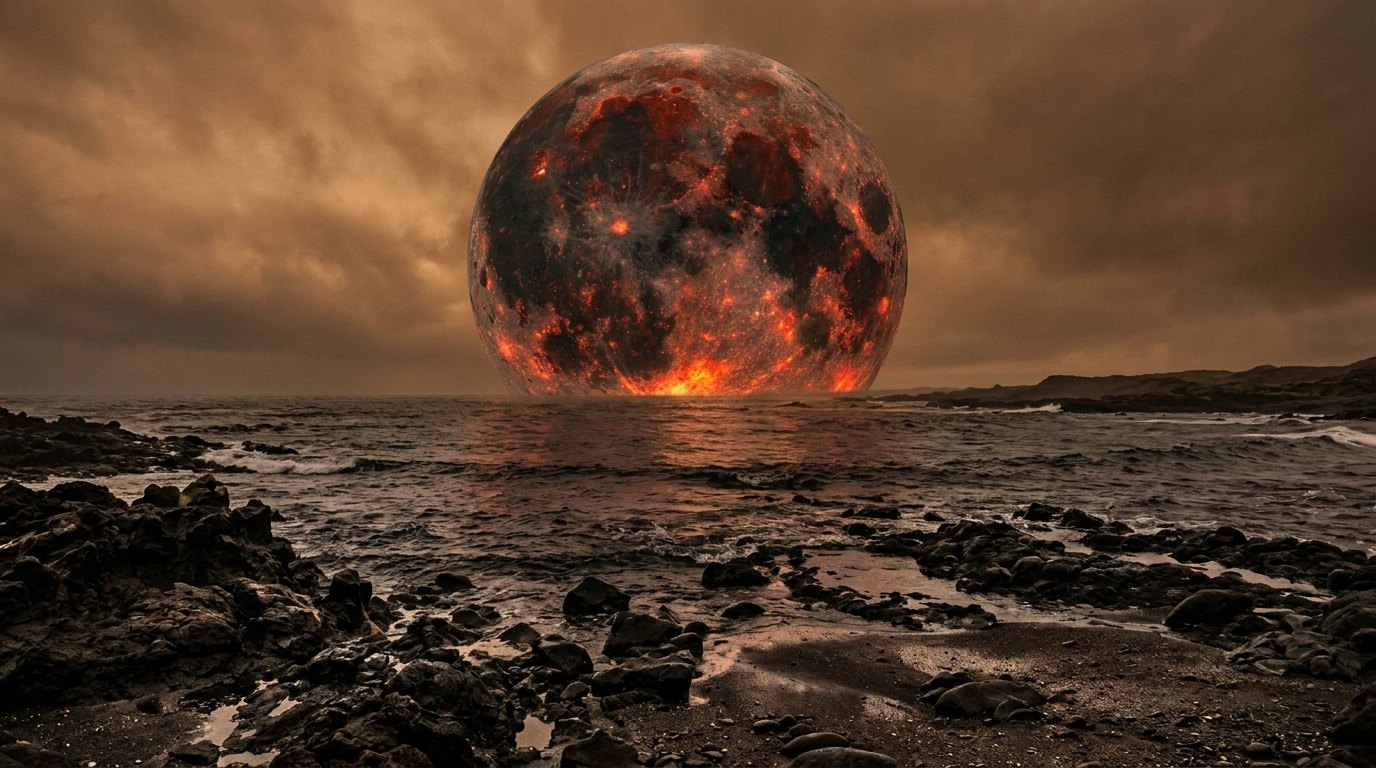 Horizonte de La Luna recién formada, a 4 radios terrestres, escena (recreación con IA, imagen 1)