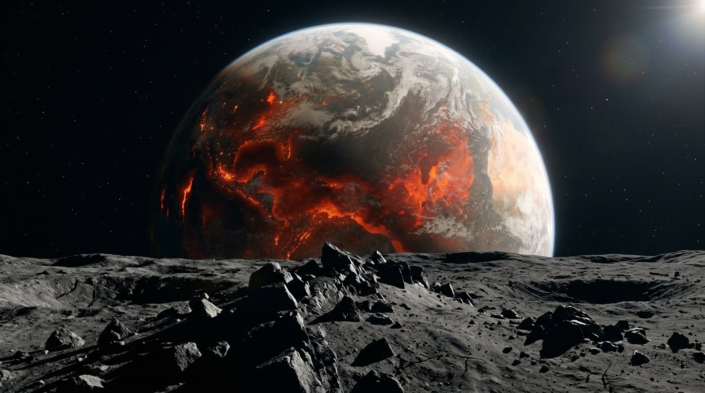 Horizonte de La Luna recién formada, a 4 radios terrestres, escena (recreación con IA, imagen 2)