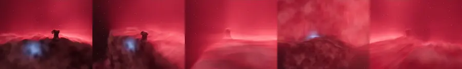 La Cabeza de Caballo en cinco vistas: el pilar oscuro sobre la meseta de polvo y el frente rojo de IC 434