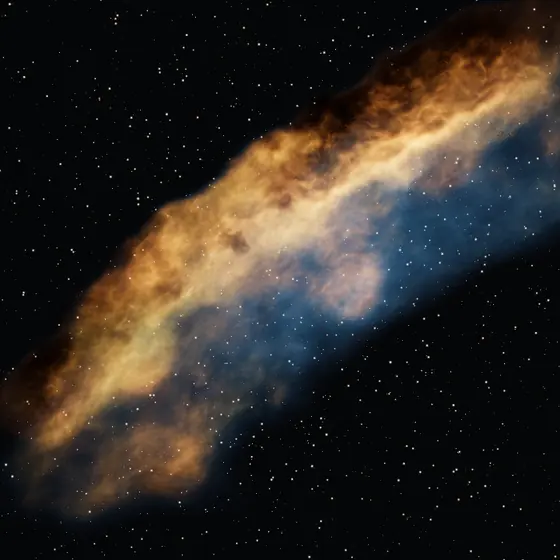 Render del simulador: Nebulosa California (NGC 1499) · banda estrecha SHO